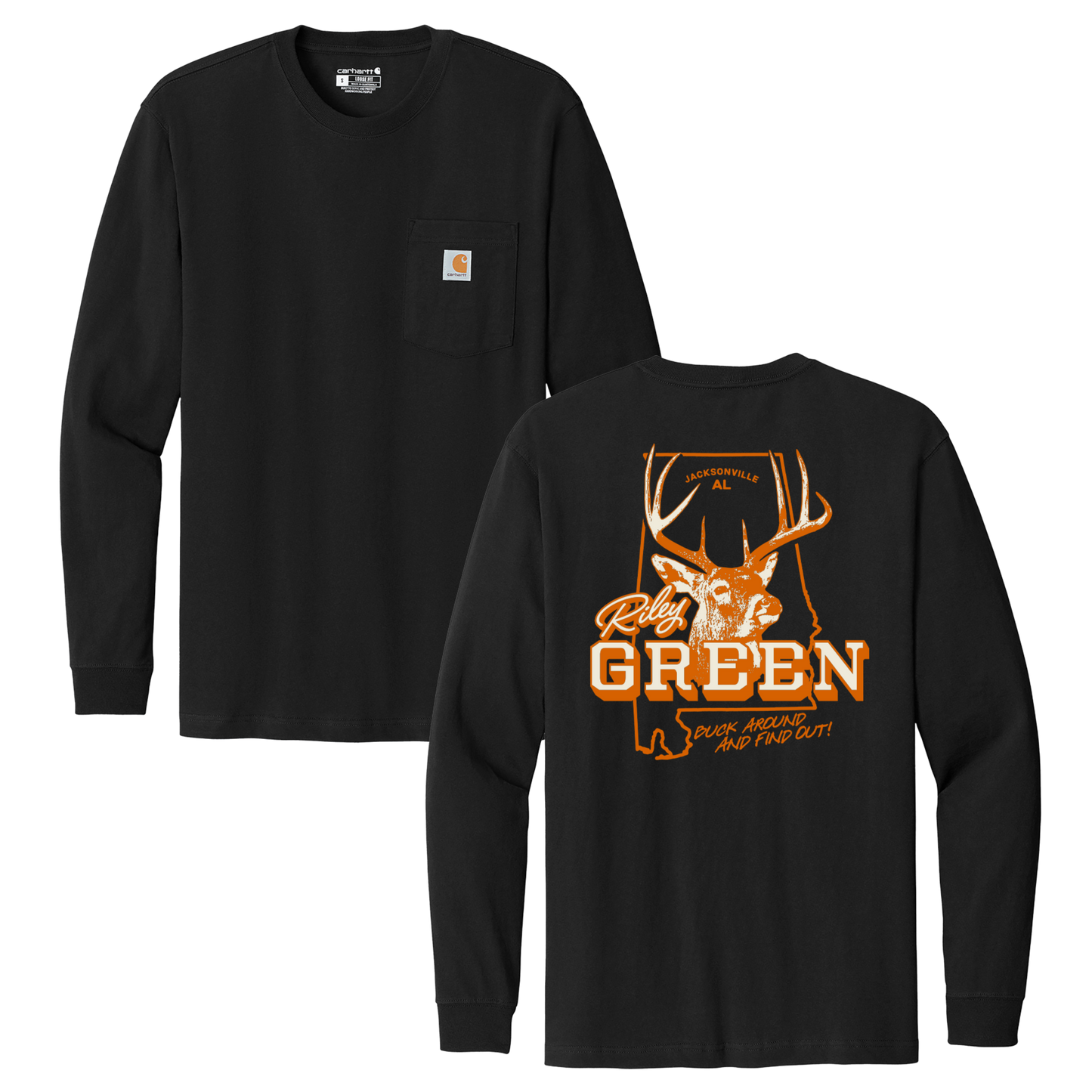 Black long-sleeve shirt with orange graphic and Riley Green text with image of buck and jacksonville Alabama