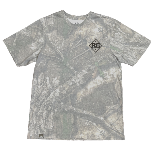 Camouflage t-shirt with a logo on a white background