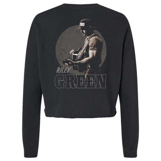 Black long-sleeve shirt with a graphic of a person playing guitar and the name 'Riley Green' on the back.