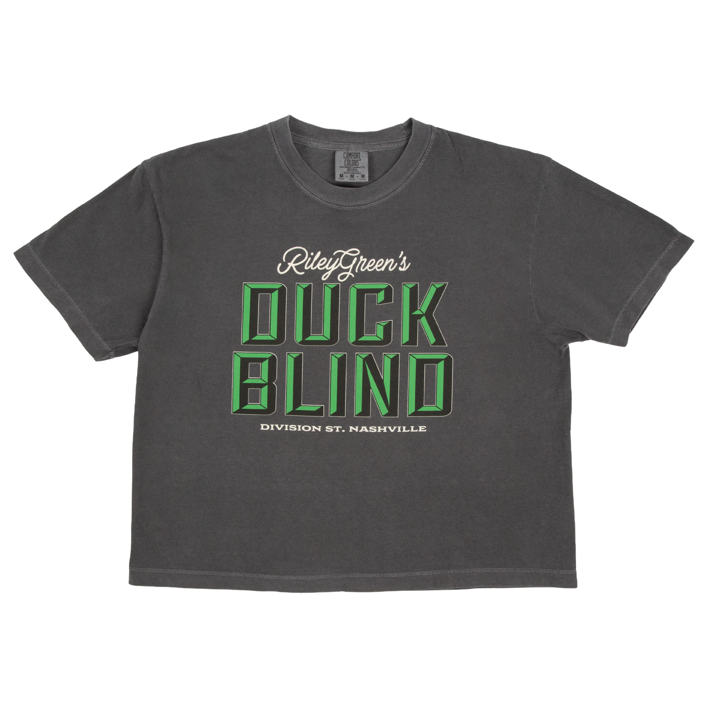 Gray t-shirt with 'Duck Blind' text on a white background