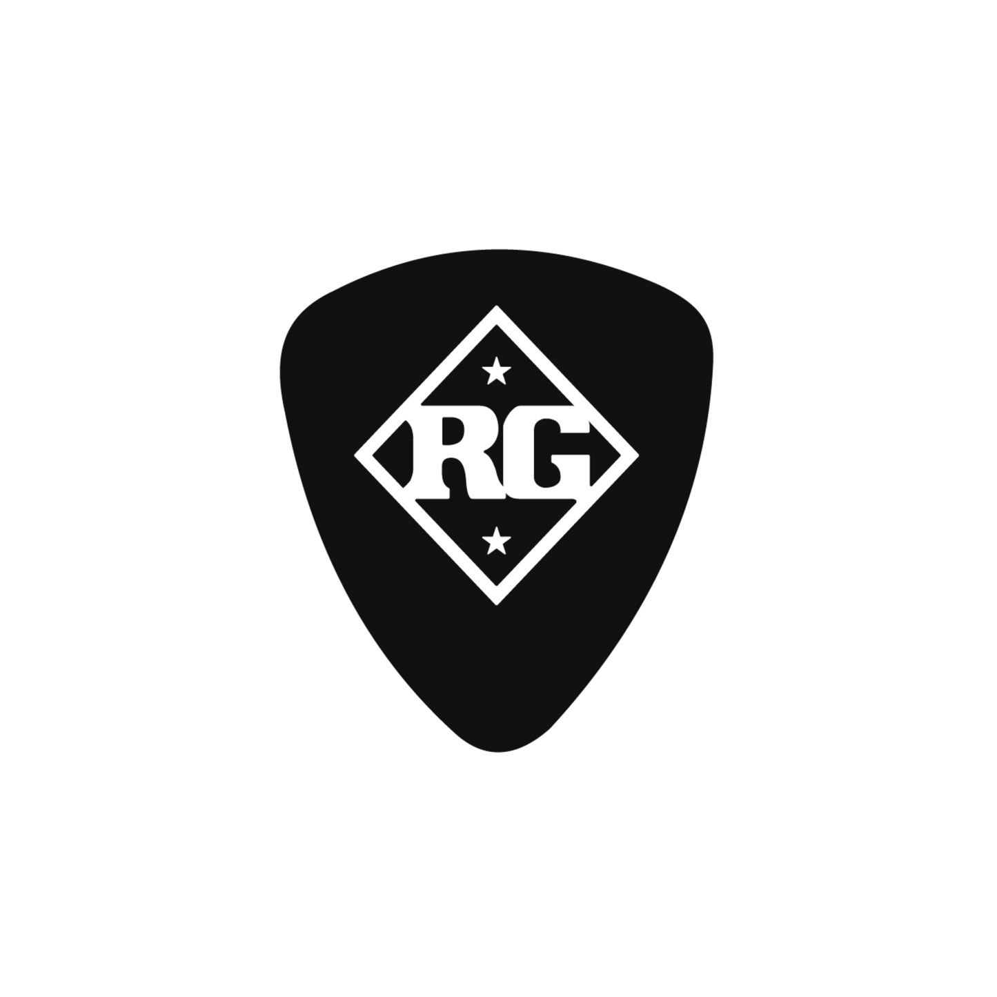 Black guitar pick with 'RG' logo on a white background