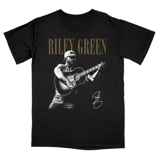 Black t-shirt with a graphic of a person playing guitar and the name 'Riley Green' printed on it.