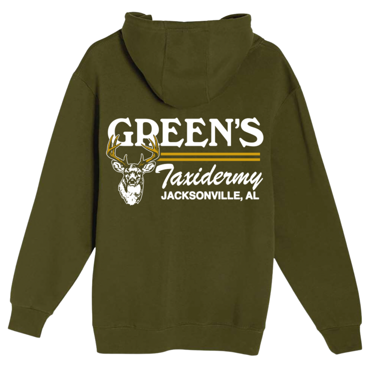 Green hoodie with 'Green's Taxidermy Jacksonville, AL' printed on the back