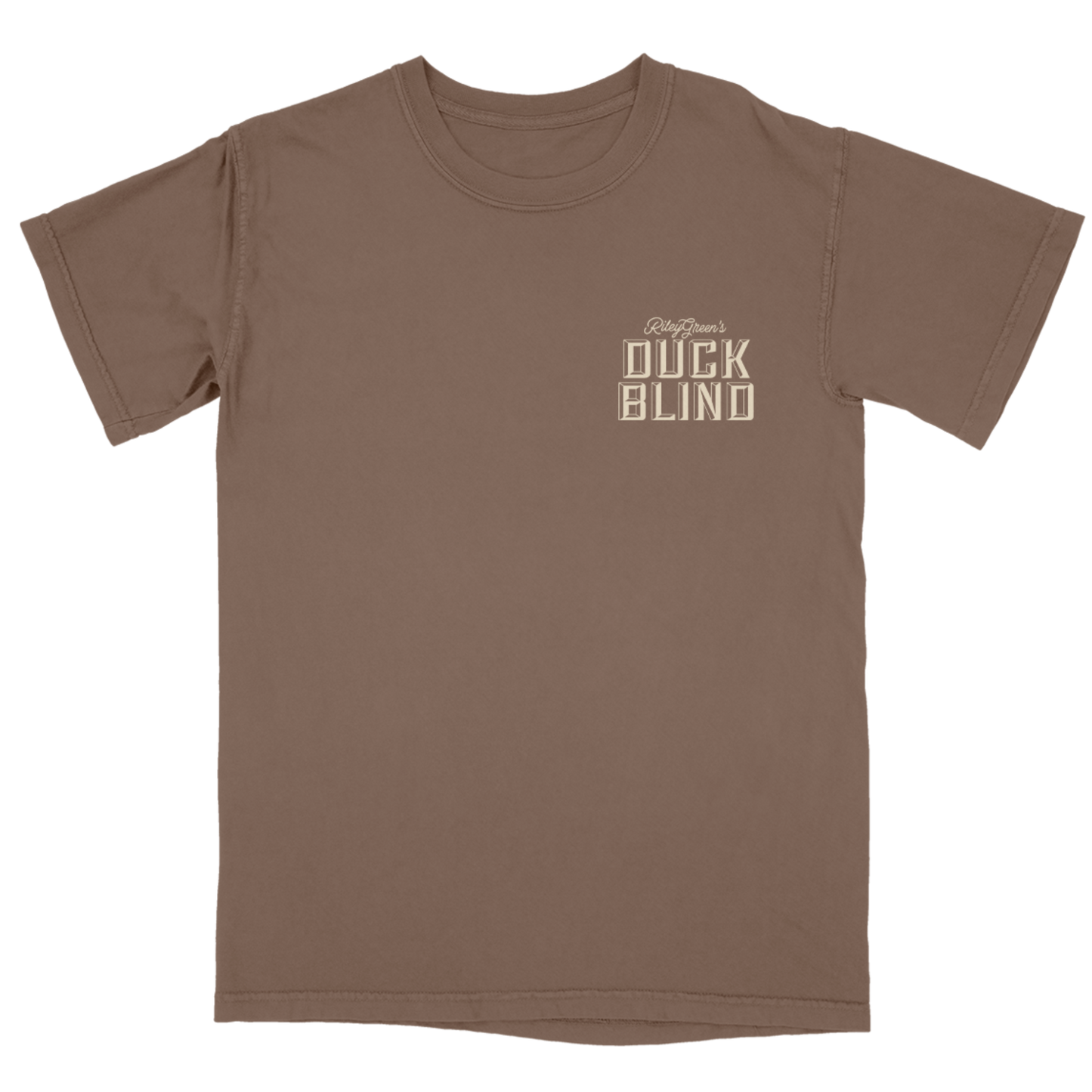 Brown t-shirt with 'Duck Blind' text on a white background