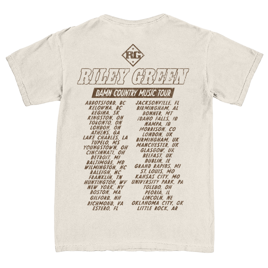 Beige t-shirt with Riley Green Damn Country Music Tour text and list of cities on a white background