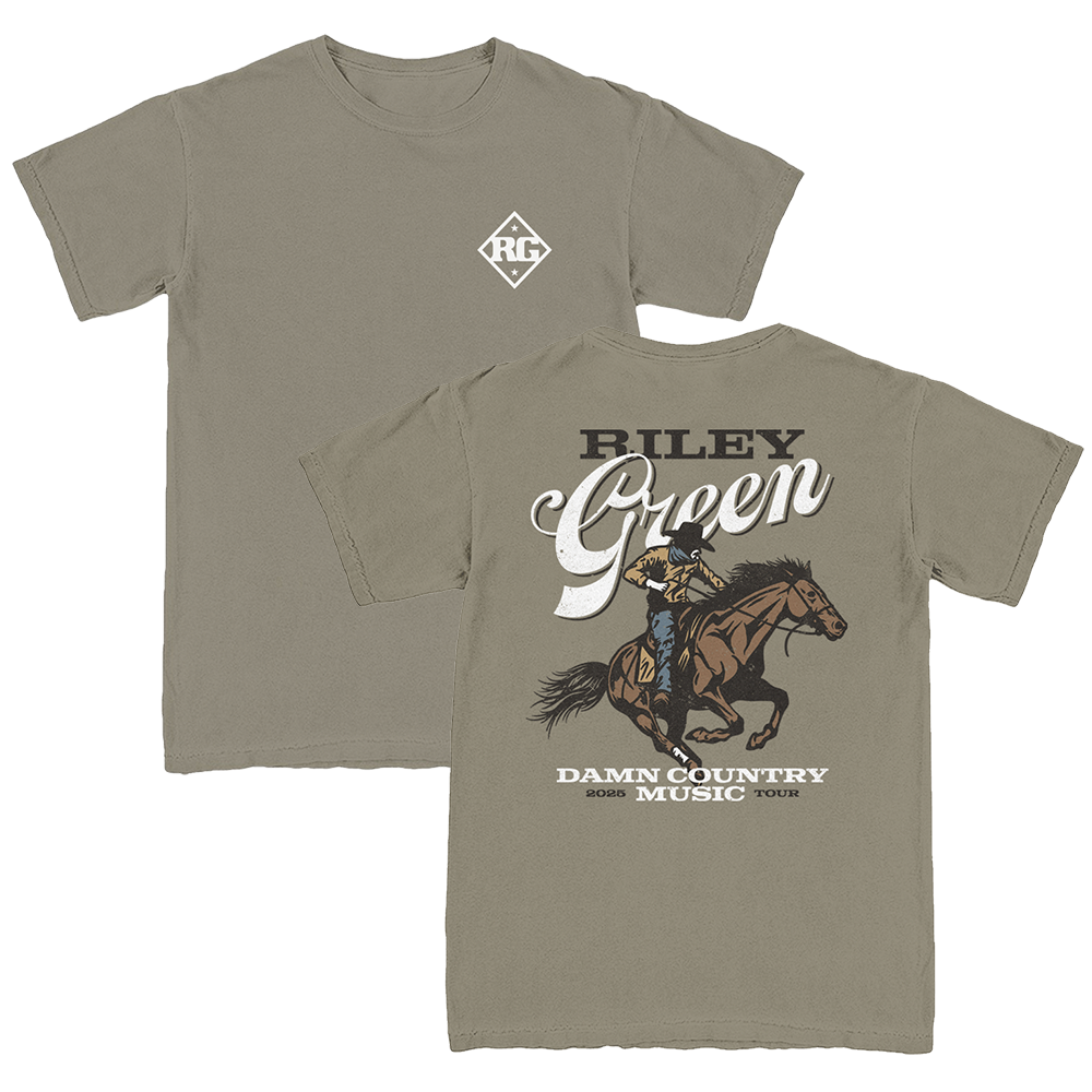 A green t-shirt with a graphic print of a cowboy riding a horse and the text 'BILLY GREEN DAMN COUNTRY MUSIC'.