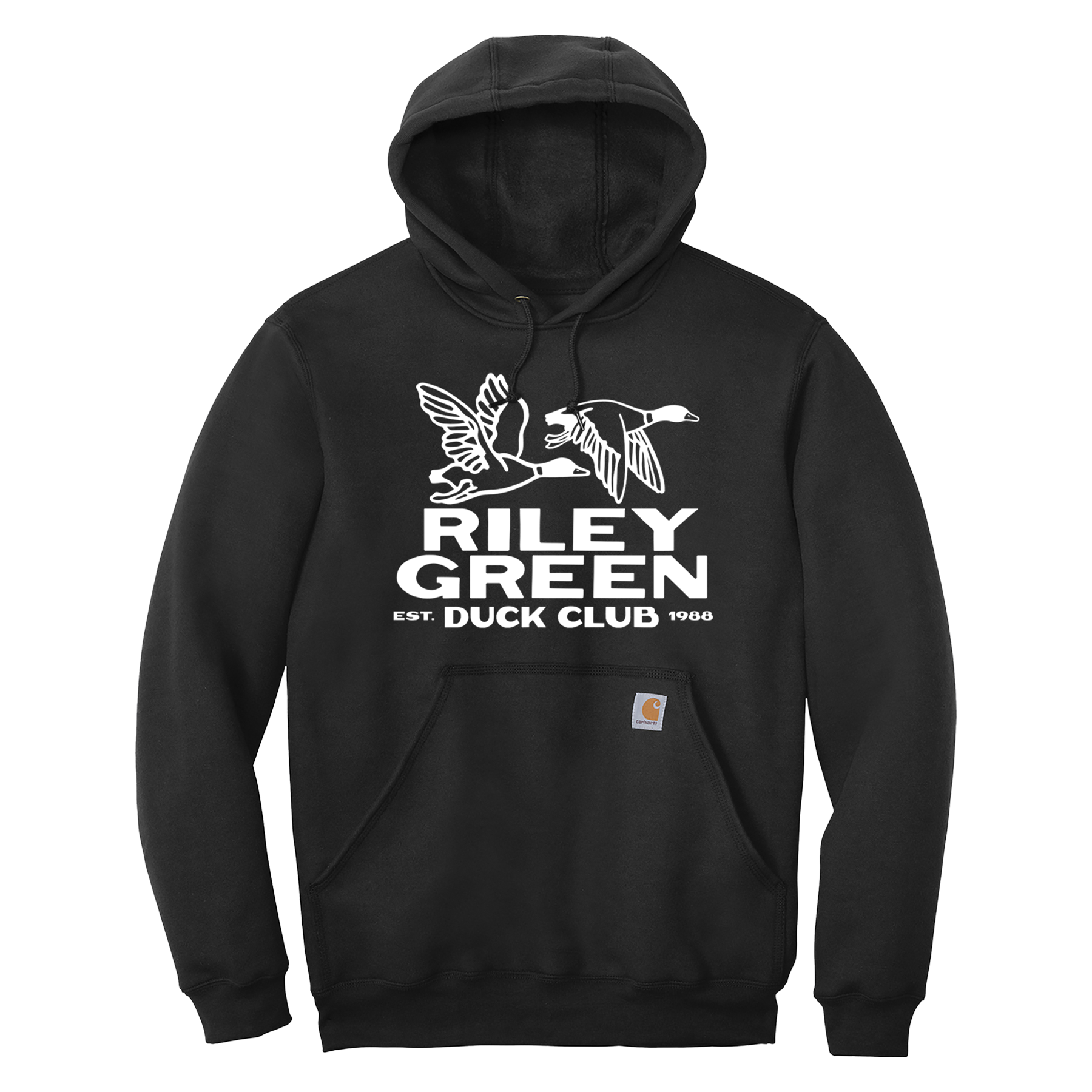 Black Duck Club Carhartt hoodie with front print featuring a duck and the text 'Riley Green Duck Club Est. 1998'.