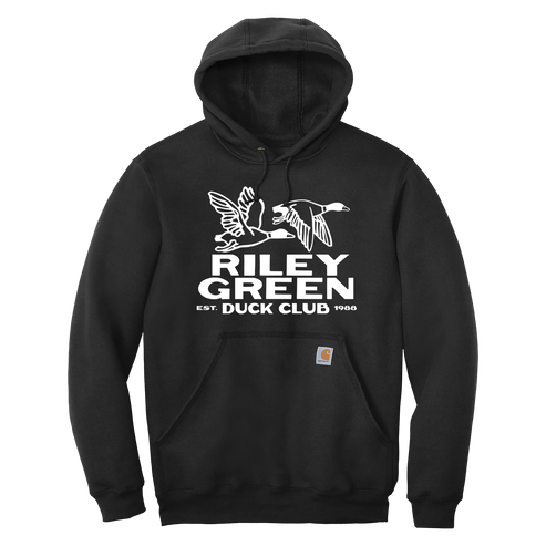 Black Duck Club Carhartt hoodie with front print featuring a duck and the text 'Riley Green Duck Club Est. 1998'.