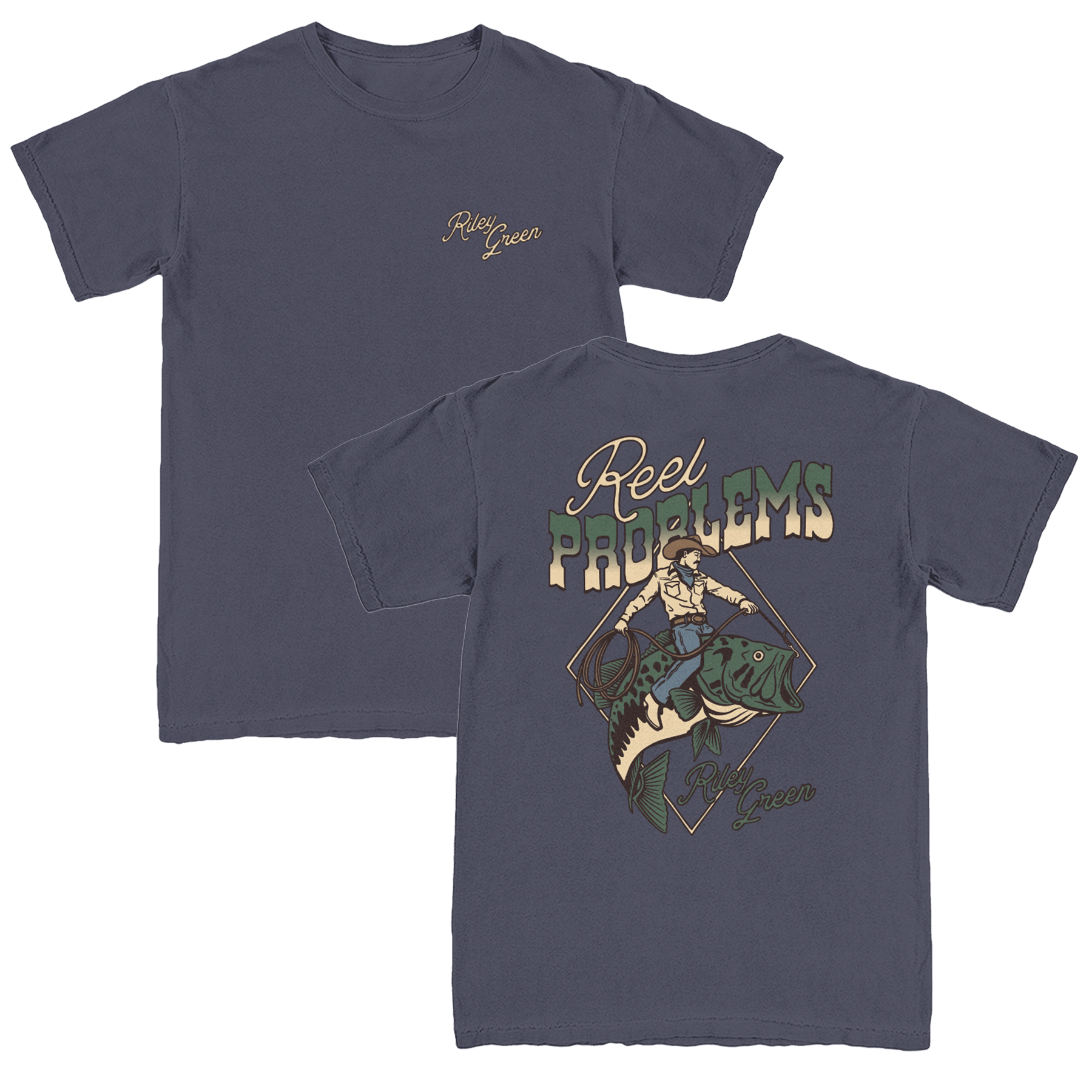 Navy colored t-shirt with 'Reel Problems' front and back print, displayed on a plain background.