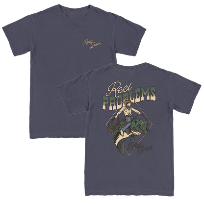 Navy colored t-shirt with 'Reel Problems' front and back print, displayed on a plain background.