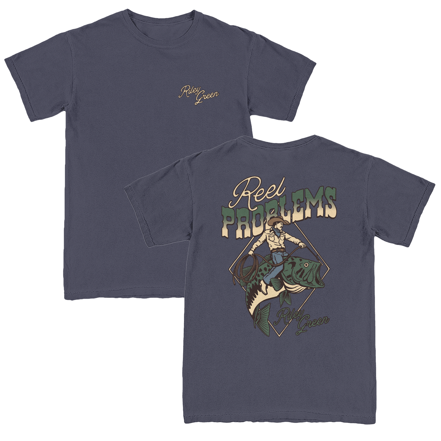 Navy colored t-shirt with 'Reel Problems' front and back print, displayed on a plain background.