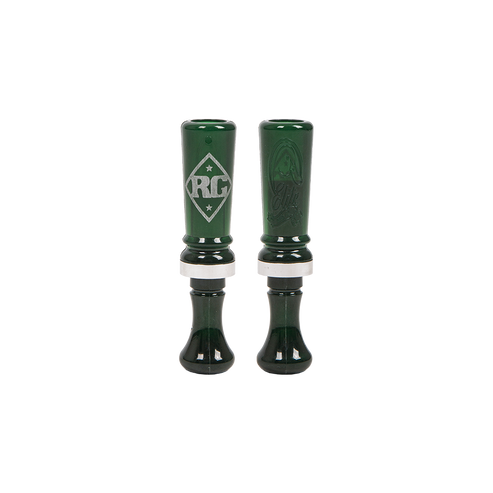 Two green single reed duck calls with double-sided engraving and the RG logo visible. Riley Green