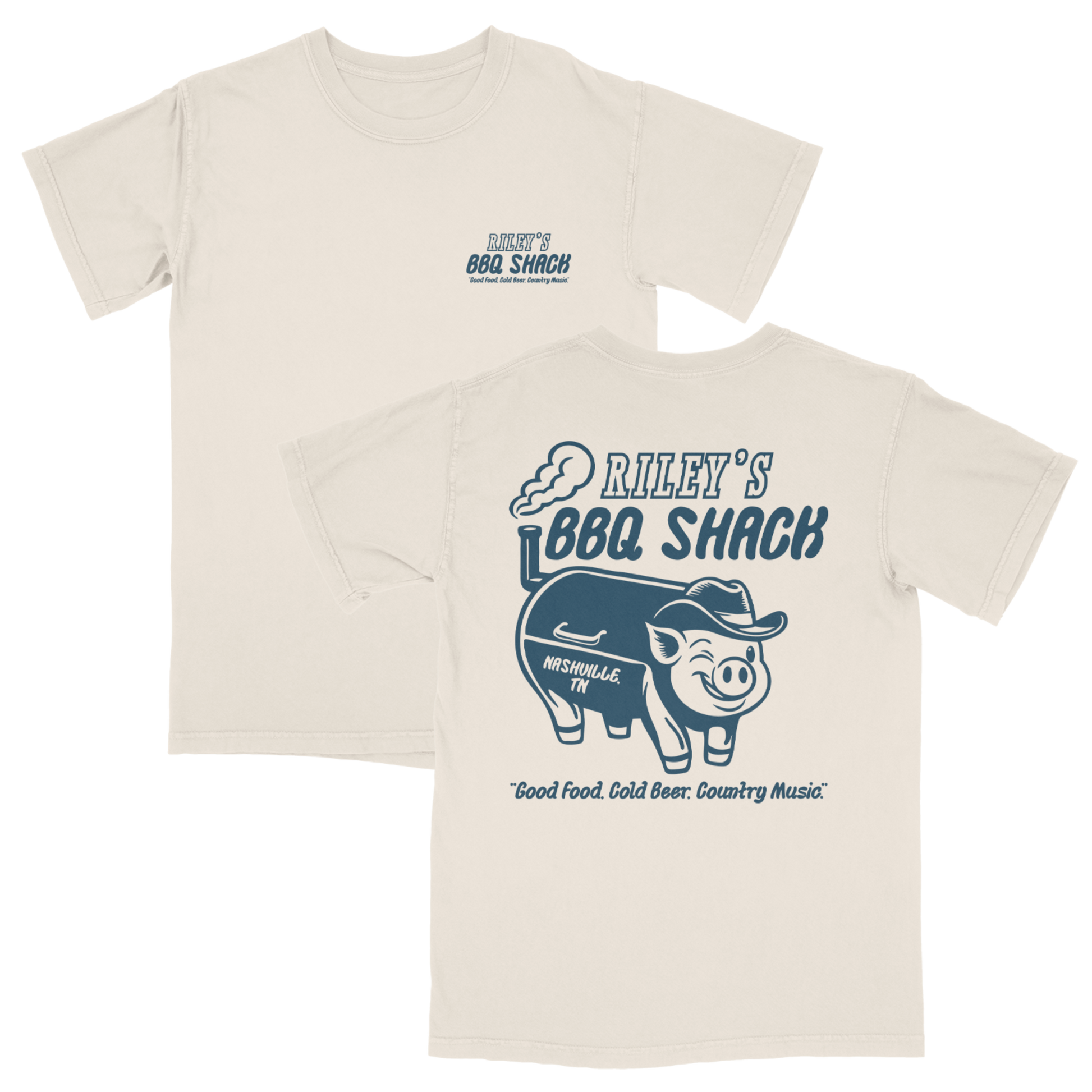 Beige t-shirt with blue graphic and text 'Riley's BBQ Shack' on a white background Riley Green