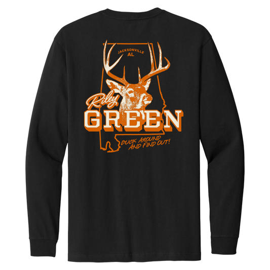 Black long-sleeve shirt with orange and white graphic design on the back
