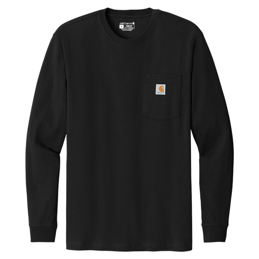 Black long-sleeve shirt with a pocket and brand logo on a white background
