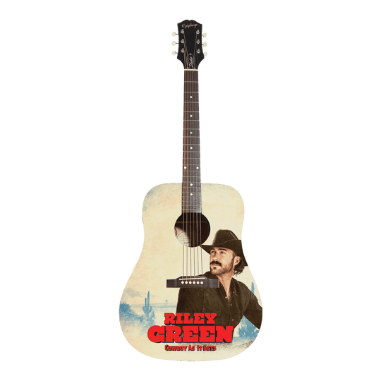 Acoustic guitar with a graphic of a man and 'Riley Green' branding on a transparent background