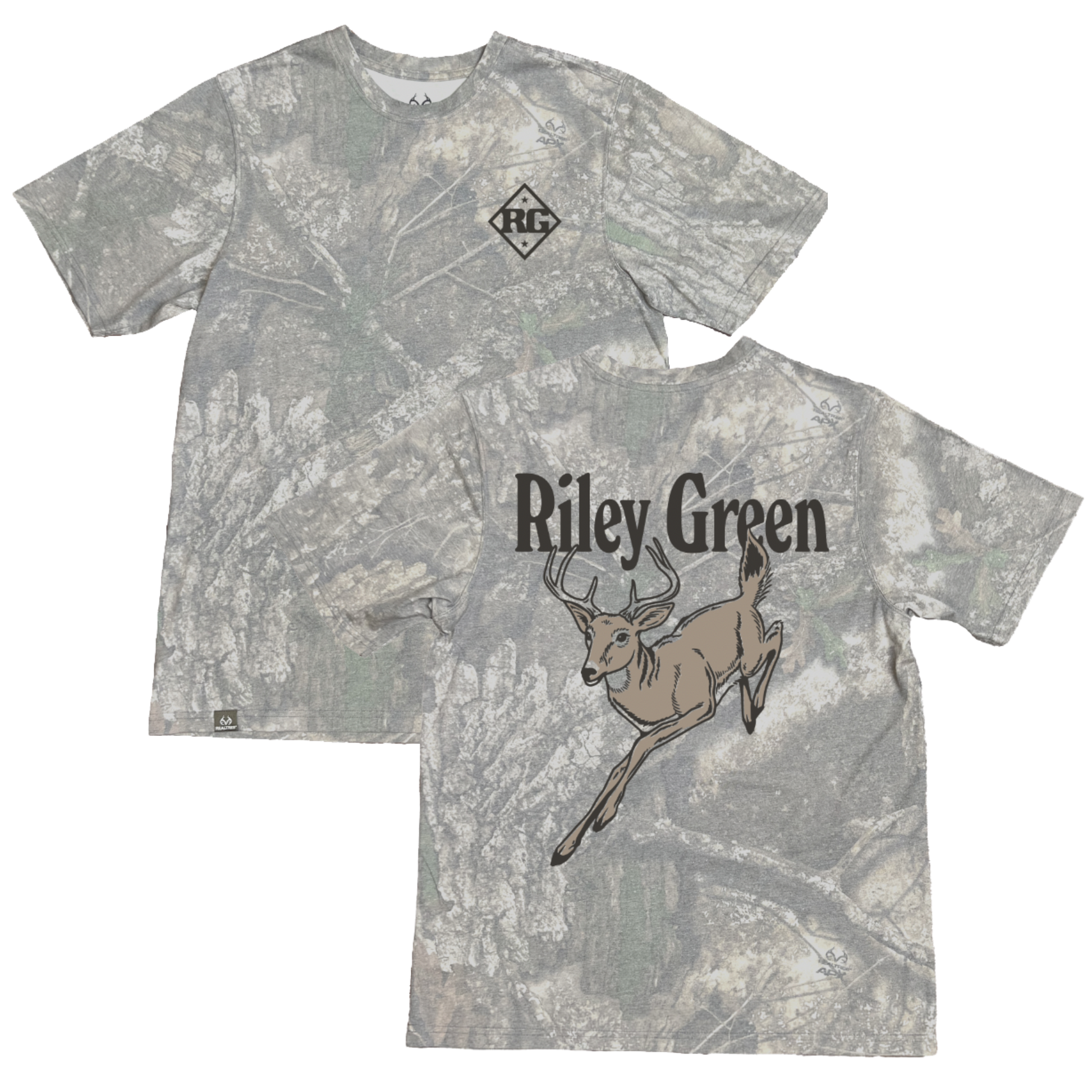Two camouflage t-shirts with a deer graphic and 'Riley Green' text on a white background.