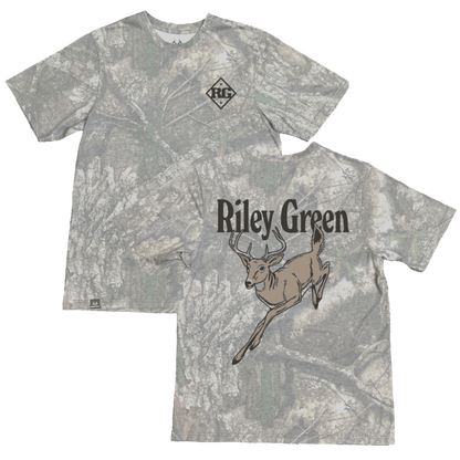 Two camouflage t-shirts with a deer graphic and 'Riley Green' text on a white background.