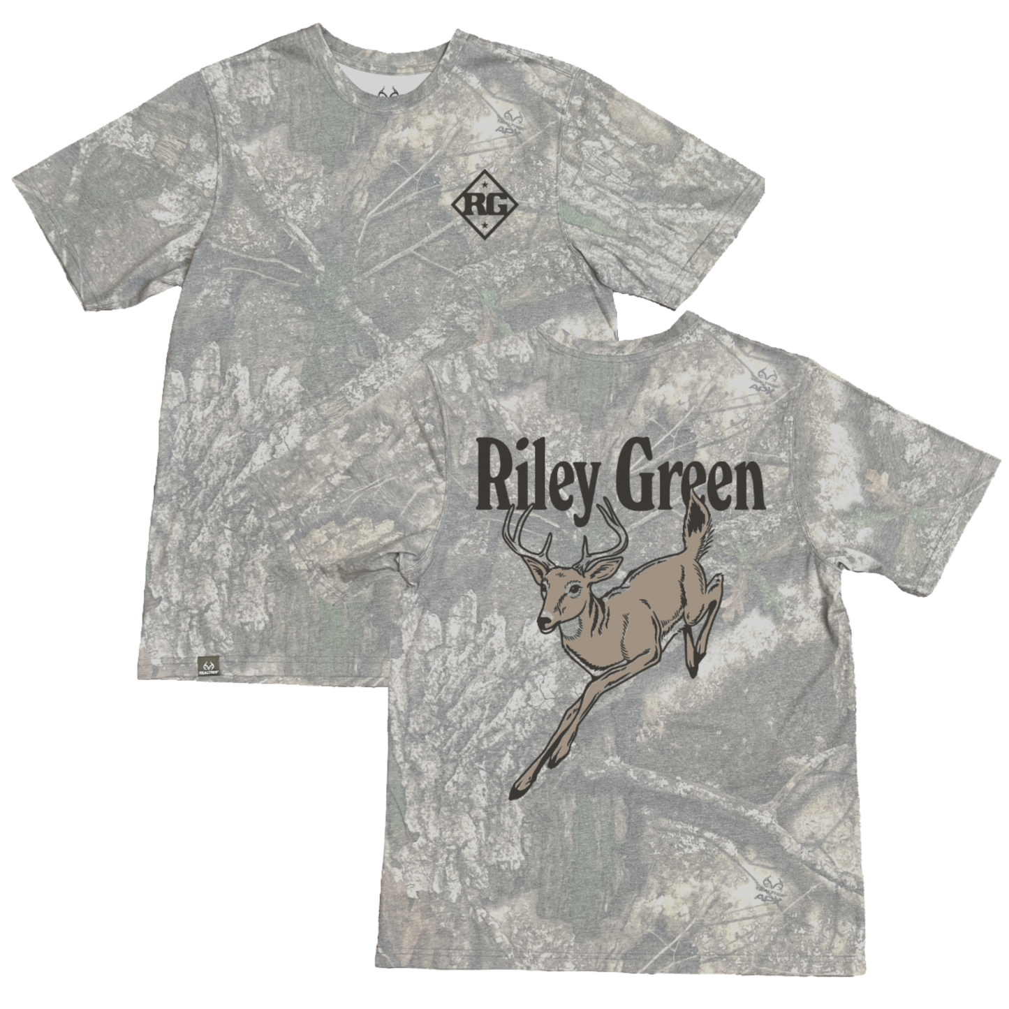 Two camouflage t-shirts with a deer graphic and 'Riley Green' text on a white background.
