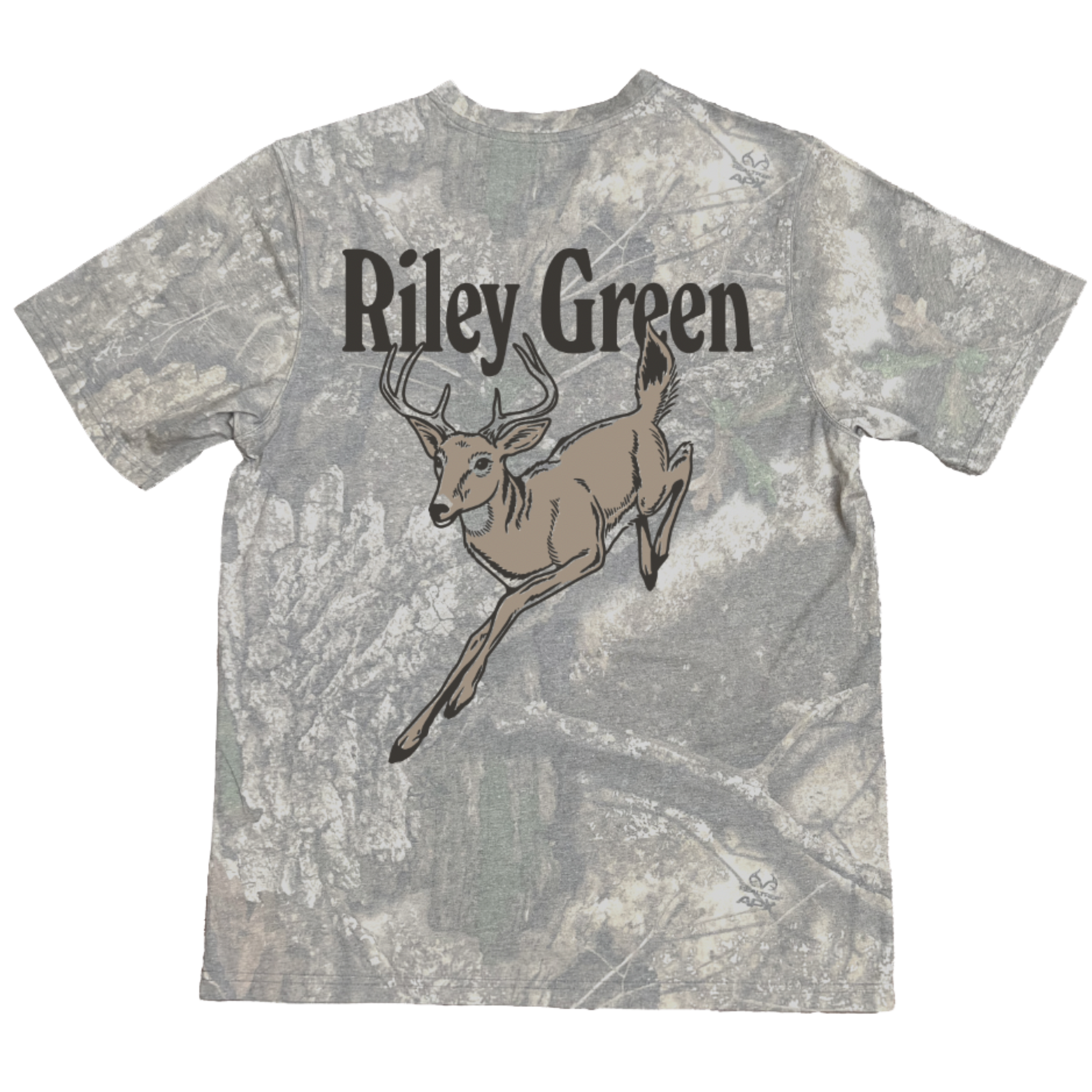 Camo-patterned t-shirt with a deer graphic and 'Riley Green' text on a white background