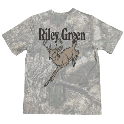 Camo-patterned t-shirt with a deer graphic and 'Riley Green' text on a white background