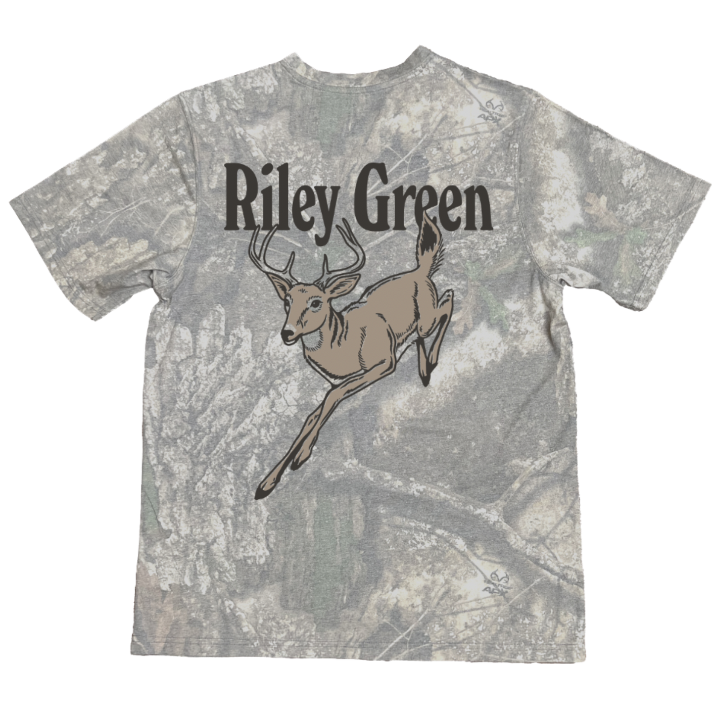 Camo-patterned t-shirt with a deer graphic and 'Riley Green' text on a white background