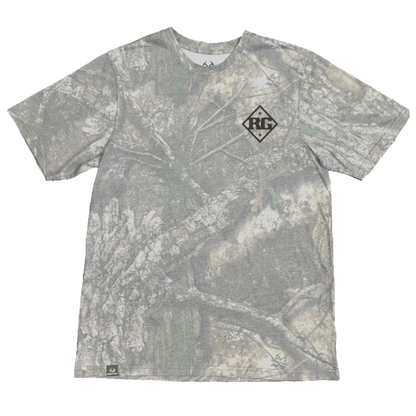 Camouflage t-shirt with a logo on a white background
