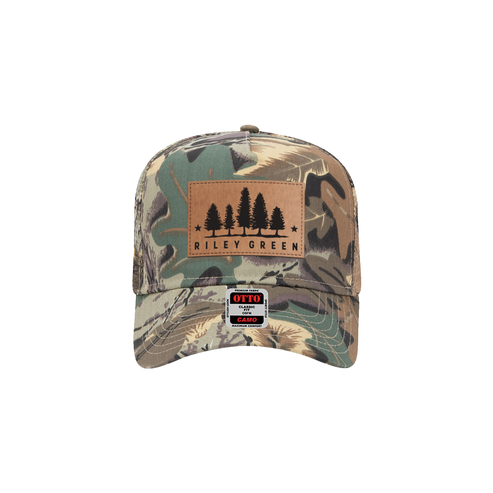 Camouflage cap with leather patch and brand logo on a white background