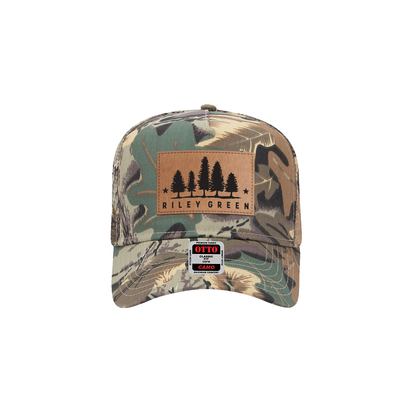 Camouflage cap with leather patch and brand logo on a white background
