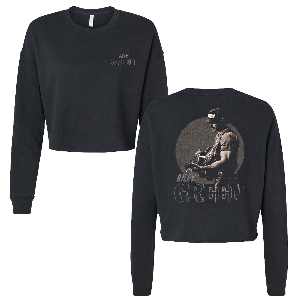 Black long-sleeve crop top with 'Riley Green' branding on front and back.