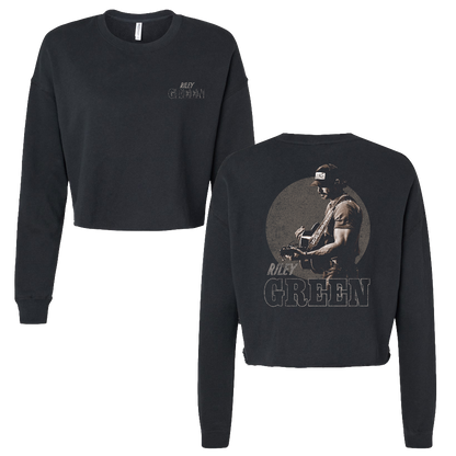 Black long-sleeve crop top with 'Riley Green' branding on front and back.