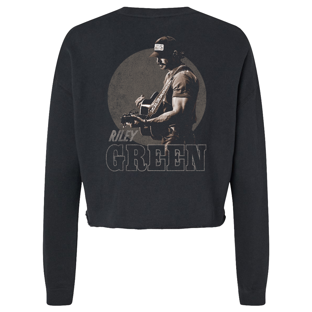 Black long-sleeve shirt with a graphic of a person playing guitar and the name 'Riley Green' on the back.