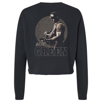 Black long-sleeve shirt with a graphic of a person playing guitar and the name 'Riley Green' on the back.