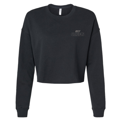 Black cropped sweatshirt with text on a white background