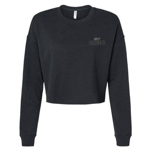 Black cropped sweatshirt with text on a white background