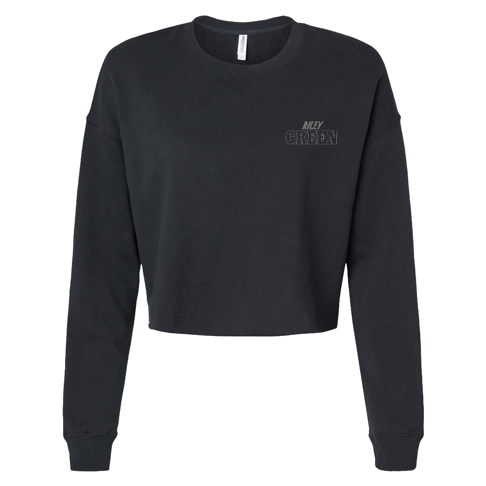 Black cropped sweatshirt with text on a white background