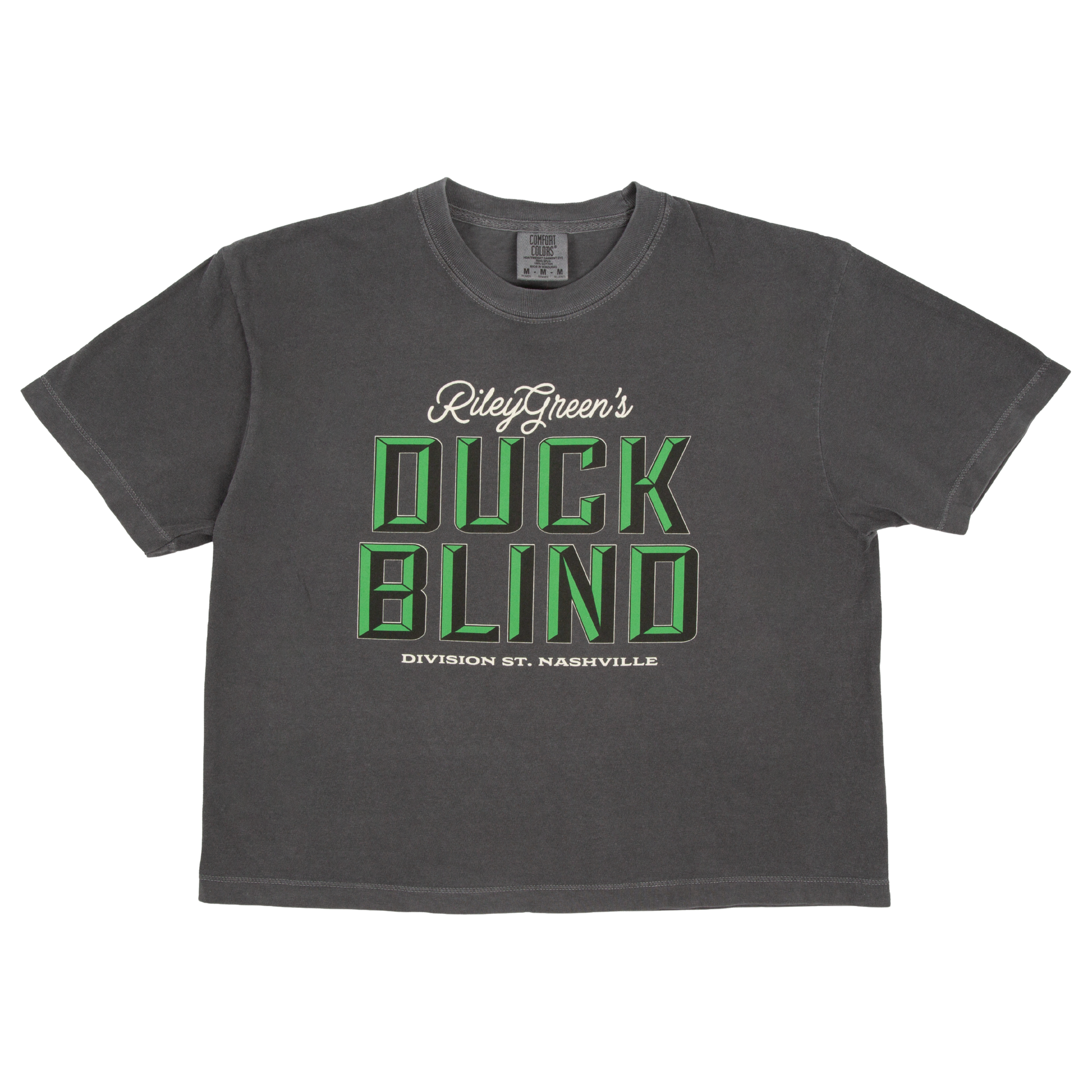 Gray t-shirt with 'Duck Blind' text on a white background