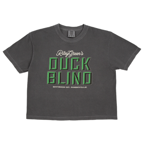Gray t-shirt with 'Duck Blind' text on a white background