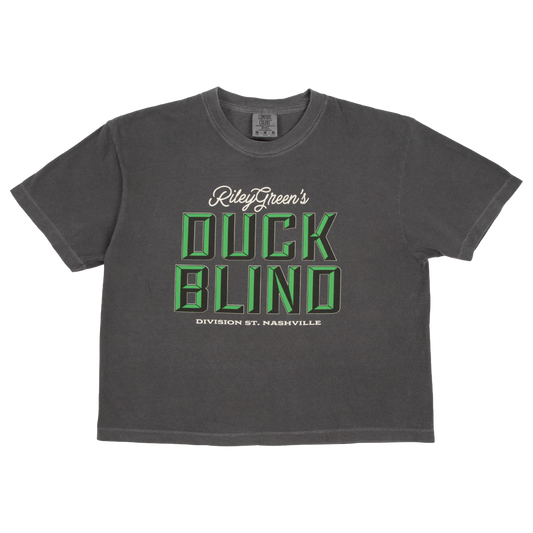 Gray t-shirt with 'Duck Blind' text on a white background