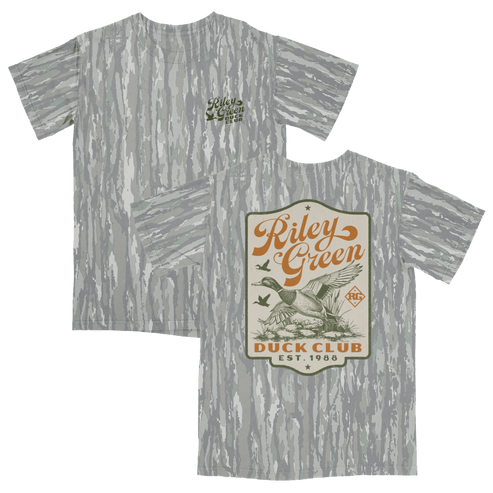 Gray t-shirt with 'Riley Green Duck Club' graphic on a transparent background