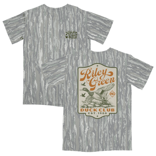 Gray t-shirt with 'Riley Green Duck Club' graphic on a transparent background