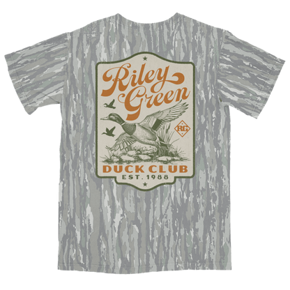 Gray t-shirt with 'Riley Green Duck Club' graphic design on a green background