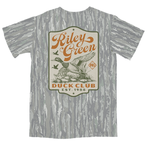 Gray t-shirt with 'Riley Green Duck Club' graphic design on a green background