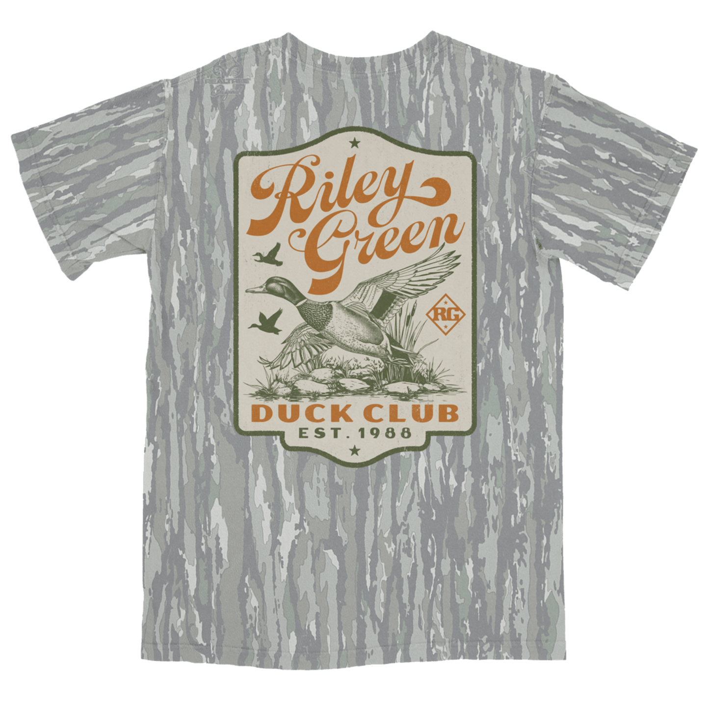Gray t-shirt with 'Riley Green Duck Club' graphic design on a green background