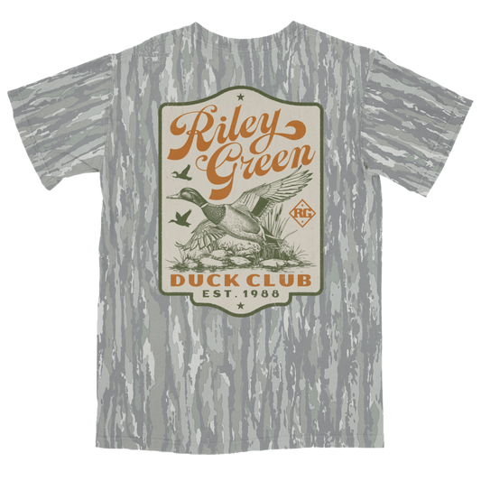 Gray t-shirt with 'Riley Green Duck Club' graphic design on a green background