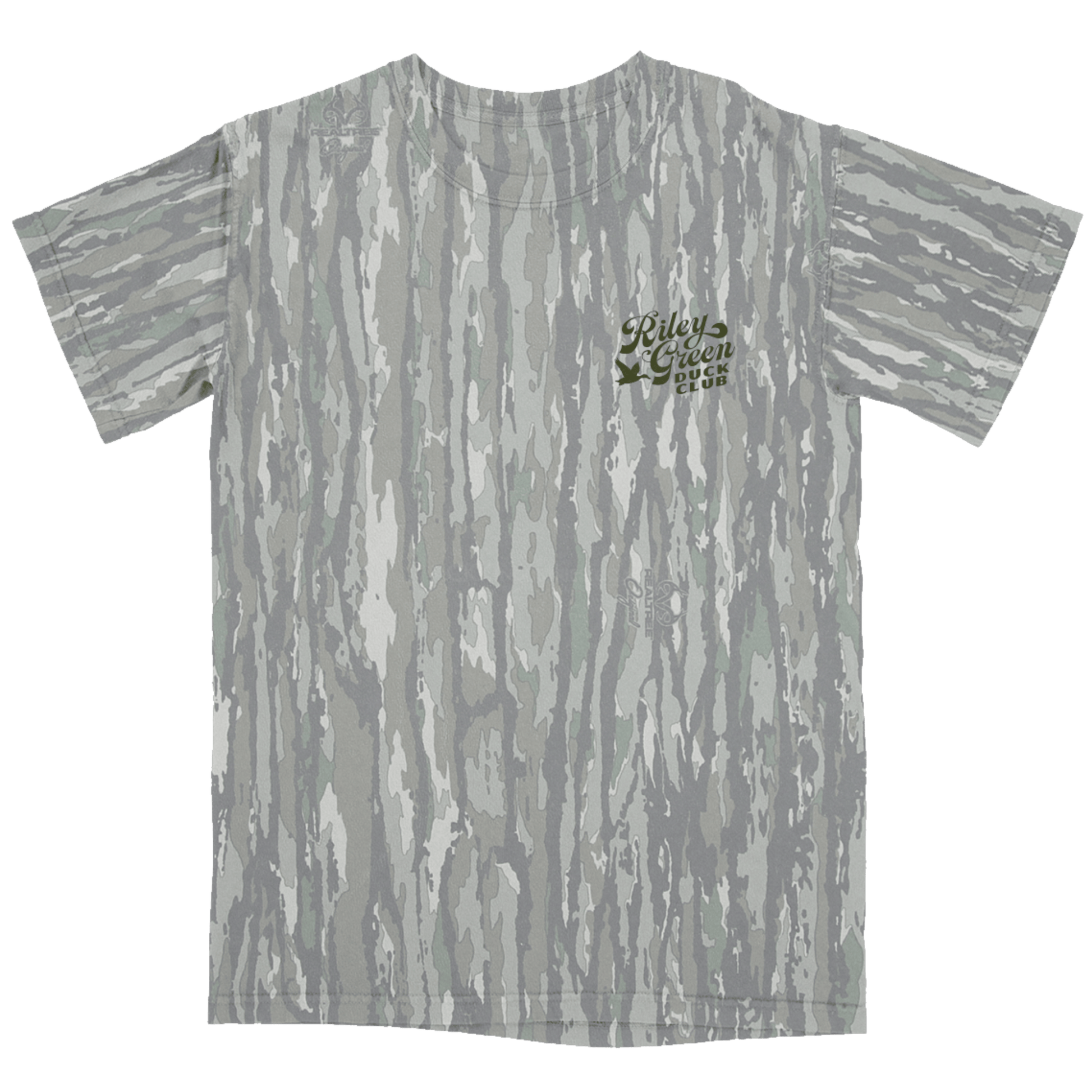 Gray camouflage t-shirt with a logo on the back against a green background