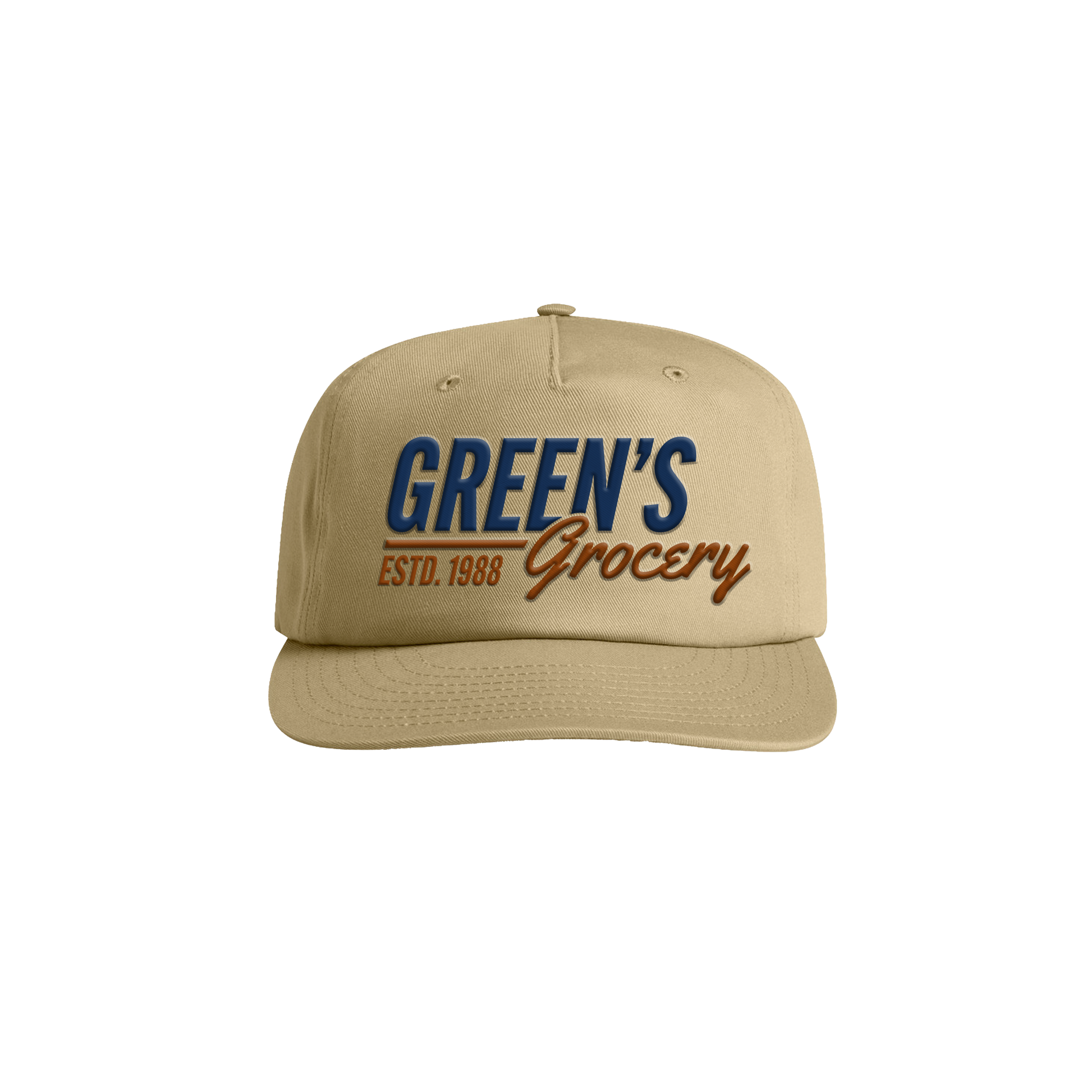 Beige cap with 'Green's Grocery' text on a white background Riley Green
