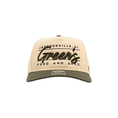 Beige and green cap with text on a white background. Green's Feed and Seed '47 hat. Riley Green