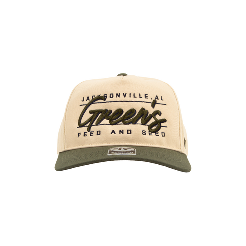 Beige and green cap with text on a white background. Green's Feed and Seed '47 hat. Riley Green