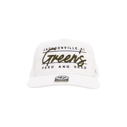 White cap with 'Jacksonville, AL Green's Feed and Seed' text on a white background riley green